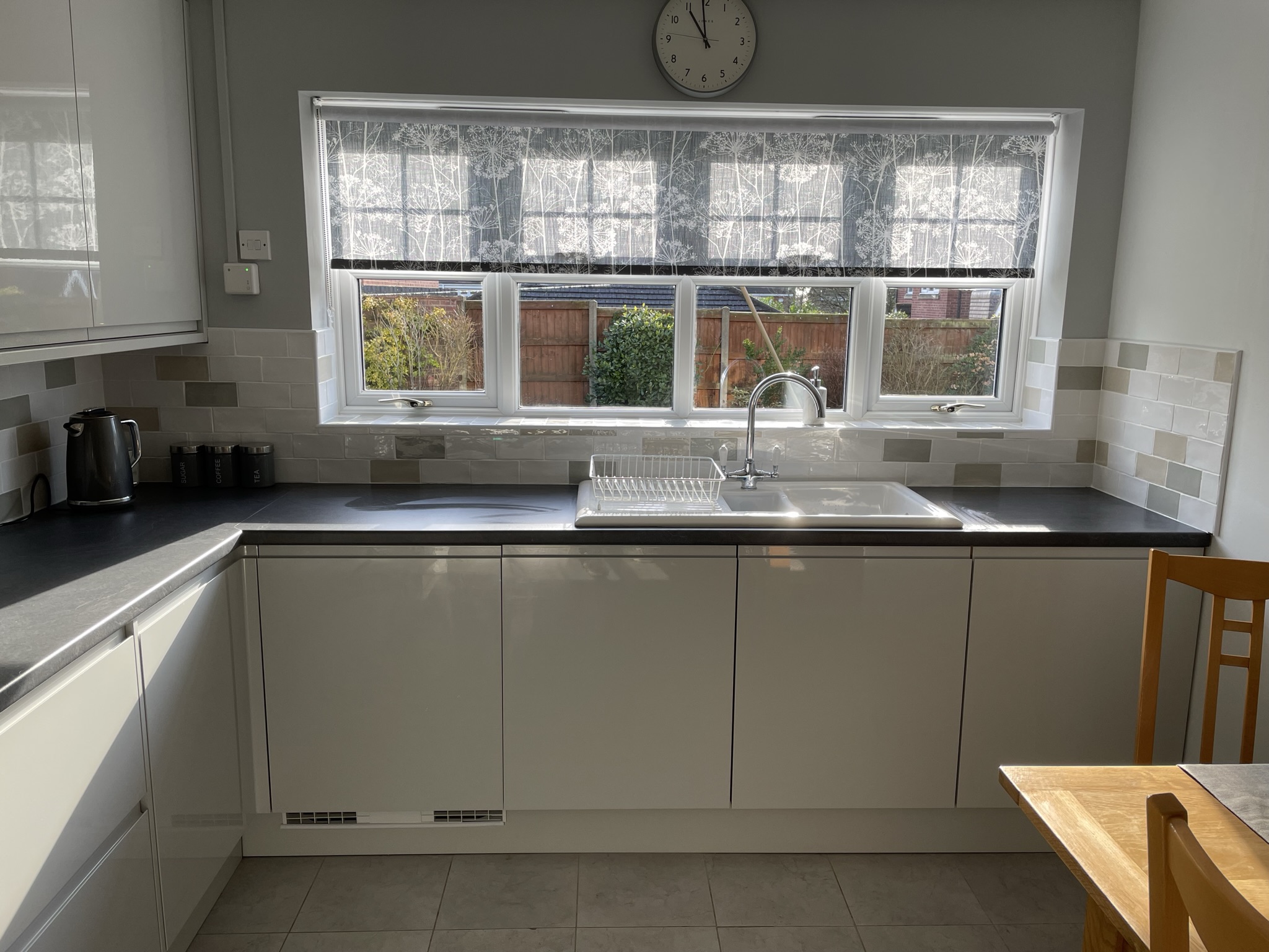 High Gloss Grey sink unit and tiling